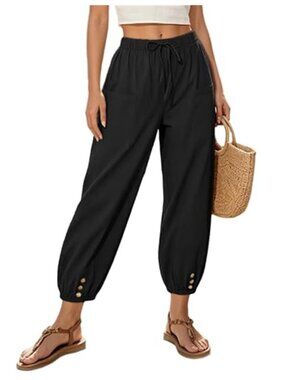 Women Capri Pants High Waist Wide Leg Cropped Trousers Elastic Drawstring Cotton